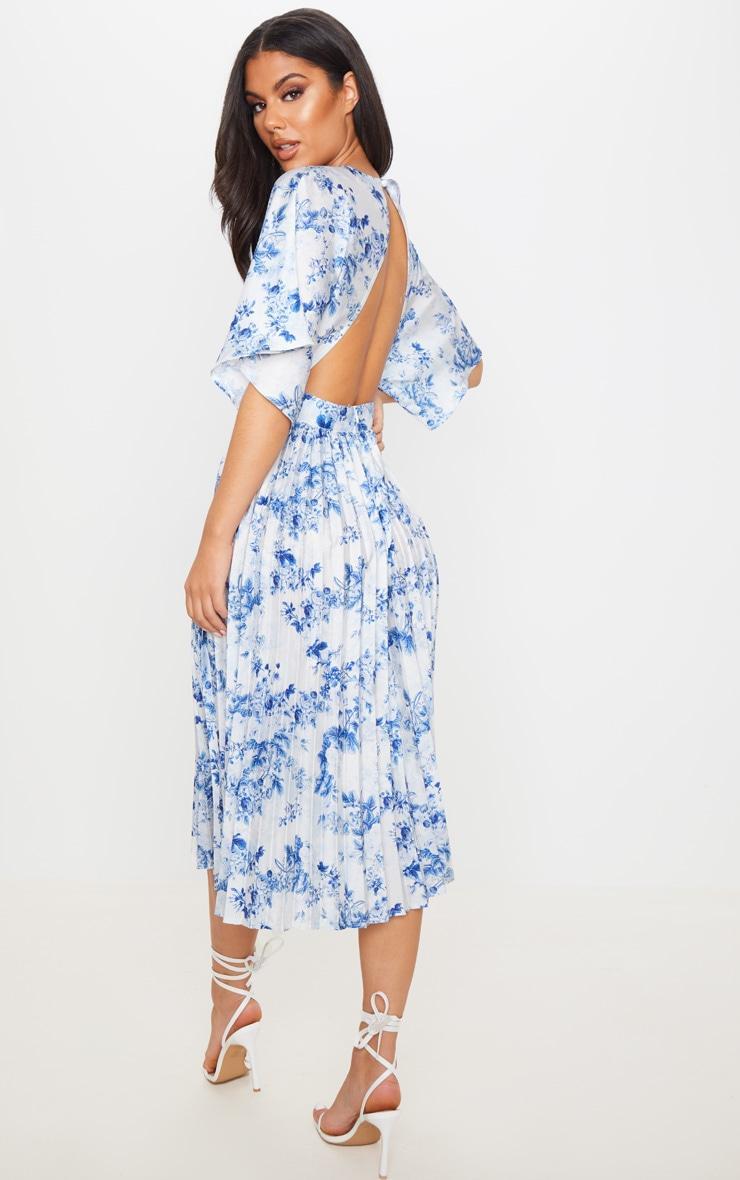 Pastel Blue Floral Print Open Back Pleated Midi Dress Product Image