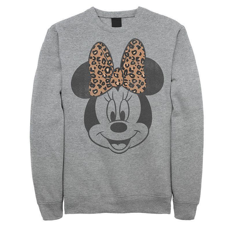 Disneys Minnie Mouse Mens Leapord Print Bow Portrait Sweatshirt Athletic Grey Product Image