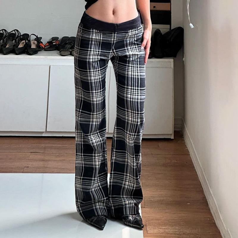 Low Waist Plaid Straight-Fit Wide-Leg Pants Product Image