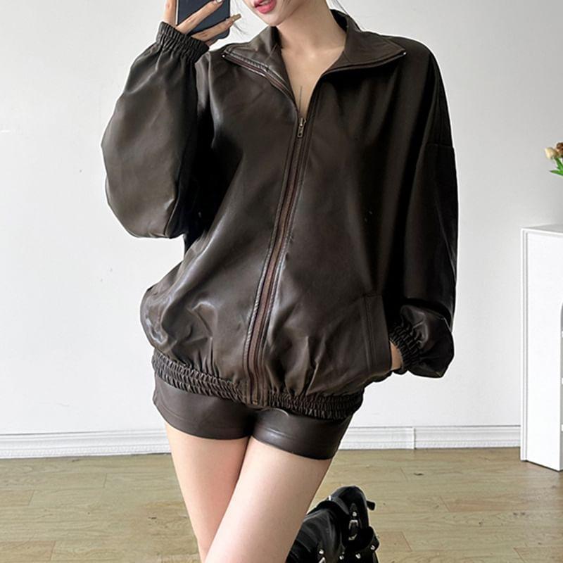 Stand Collar Plain Faux Leather Zip Jacket / Mid Rise Shorts Product Image