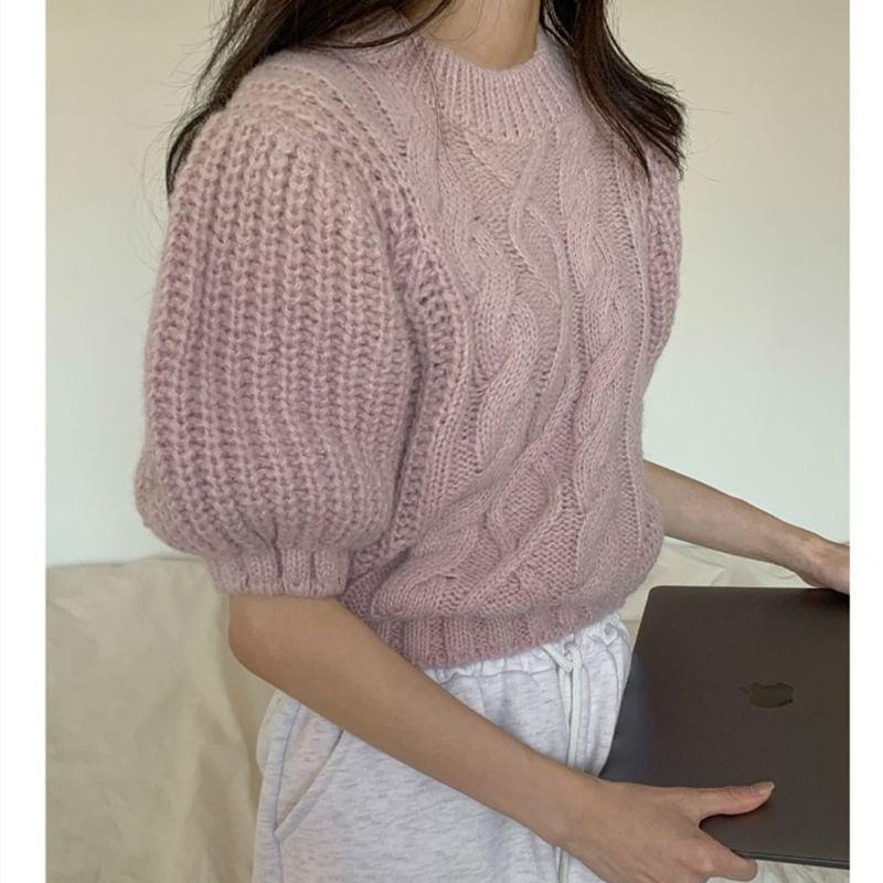 Short-Sleeve Round Neck Plain Cable Knit Top Product Image