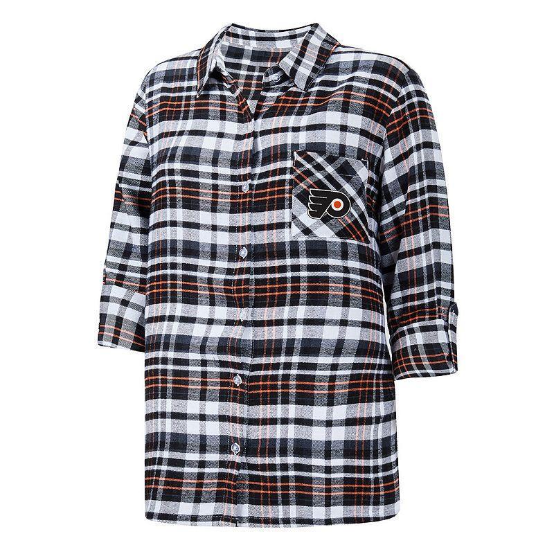 Womens Concepts Sport Black Philadelphia Flyers Mainstay Flannel Full-Button Three-Quarter Sleeve Nightshirt Product Image