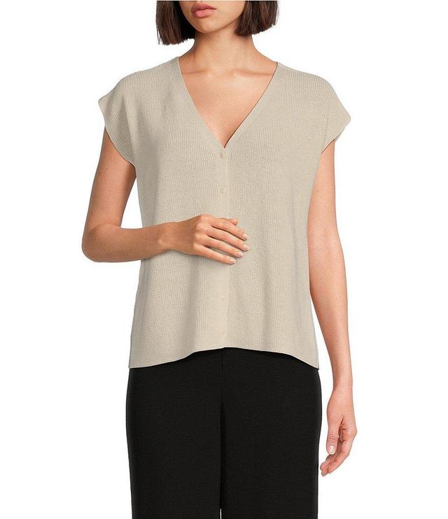 Eileen Fisher Peruvian Organic Cotton Crepe V-Neck Cap Sleeve Button-Front Boxy Sweater Product Image