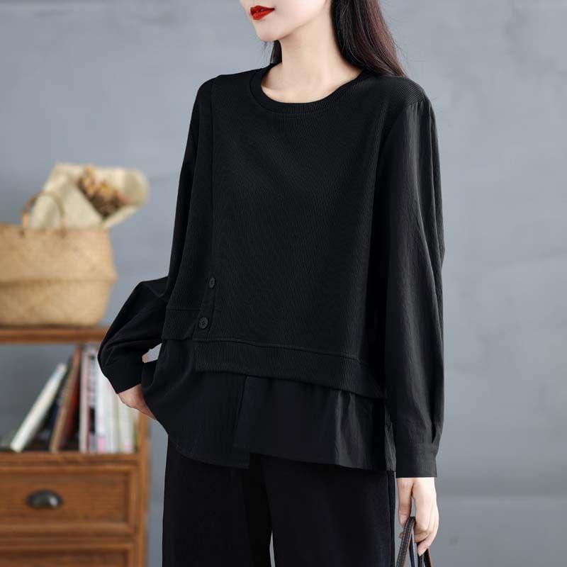 Long-Sleeve Crewneck Asymmetrical Plain Knit Top Product Image