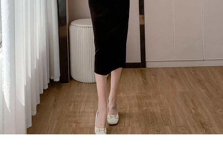 Long-Sleeve V-Neck Lace Trim Midi Sheath Dress Product Image