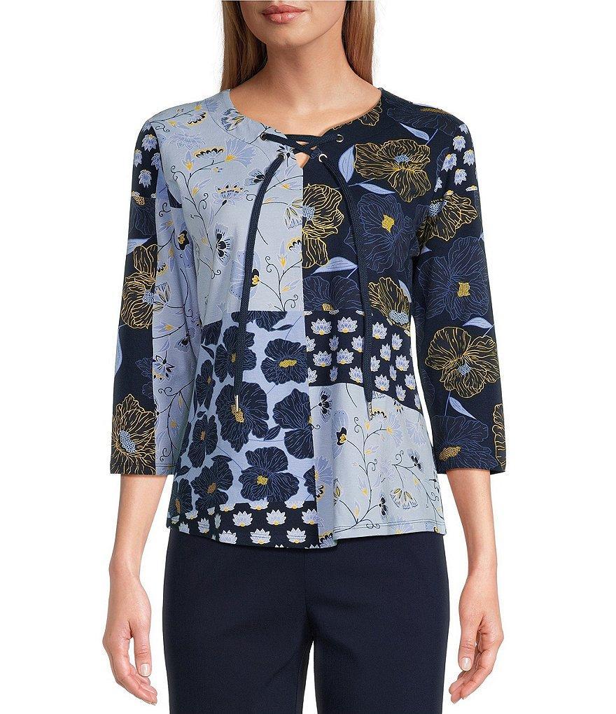 Allison Daley Patchwork Floral Print 3/4 Sleeve Lace-Up Split V-Neck Knit Top Product Image