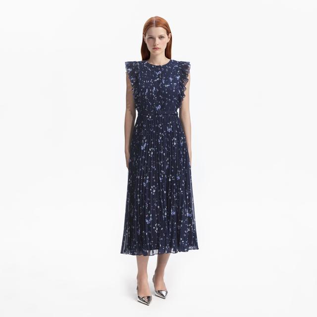 Navy Floral Chiffon Midi Dress Product Image