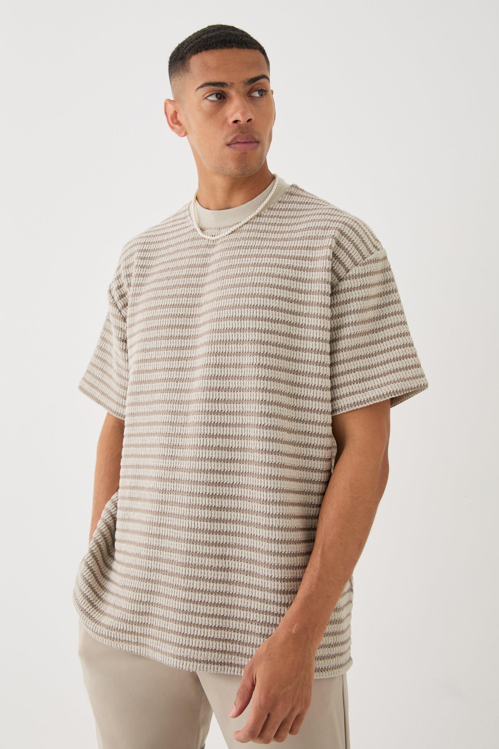 Oversized Extended Neck Striped Textured T-shirt | boohooMAN USA Product Image