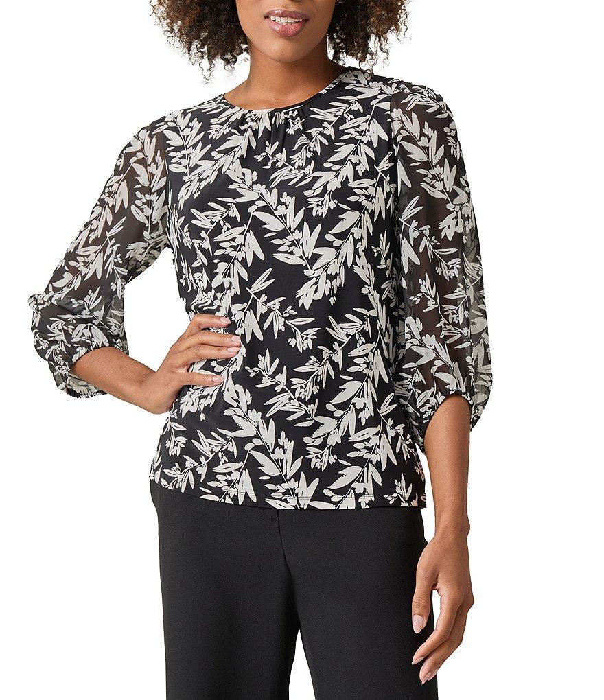 Kasper Petite Size Printed Shirred Crew Neck Blouson 3/4 Sleeve Blouse Product Image