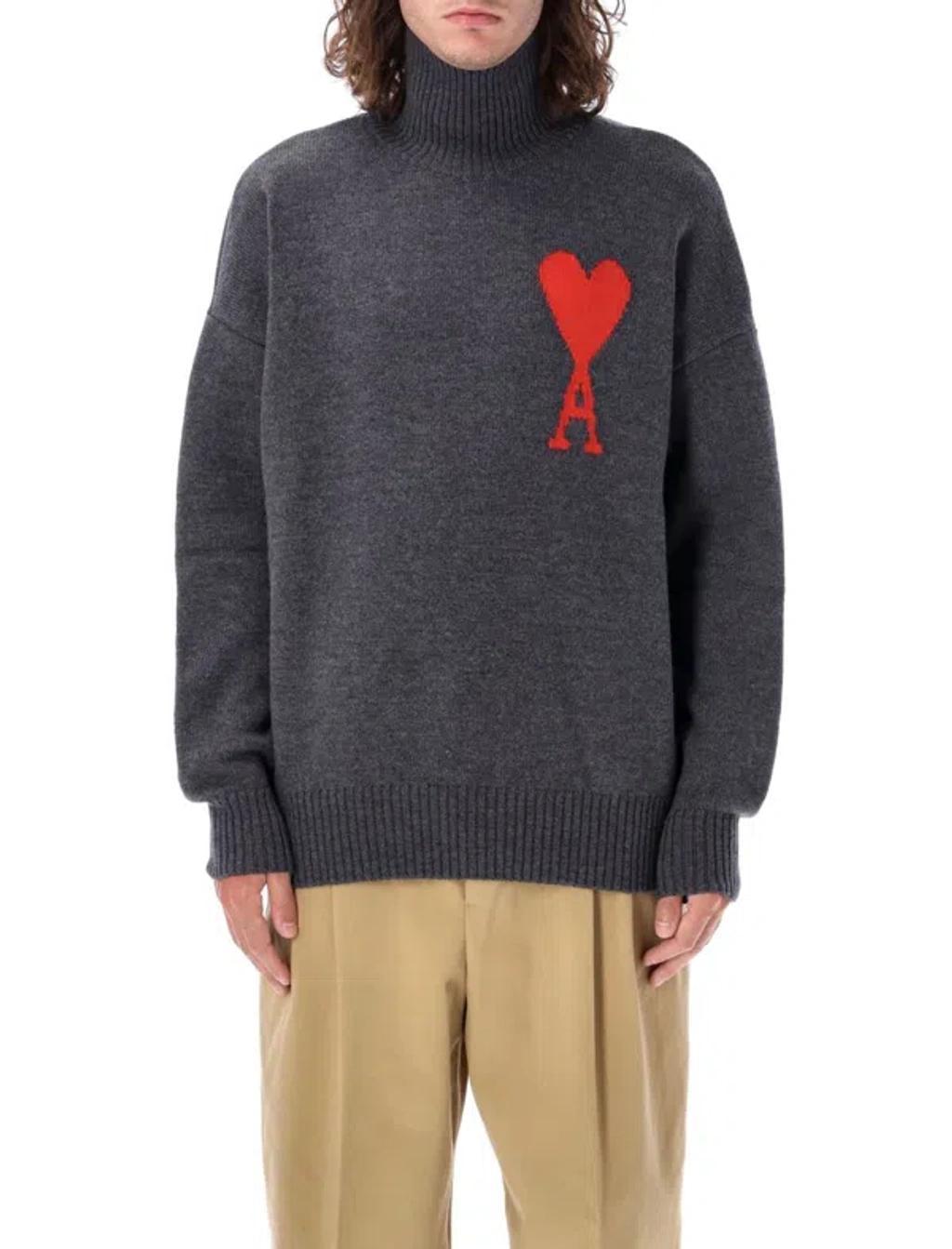 AMI ALEXANDRE MATTIUSSI Adc Funnel Neck Wool Sweater In Grey/red Product Image