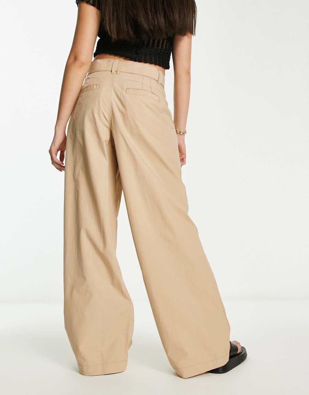 River Island belted wide leg pants with hardware detail in beige  Product Image