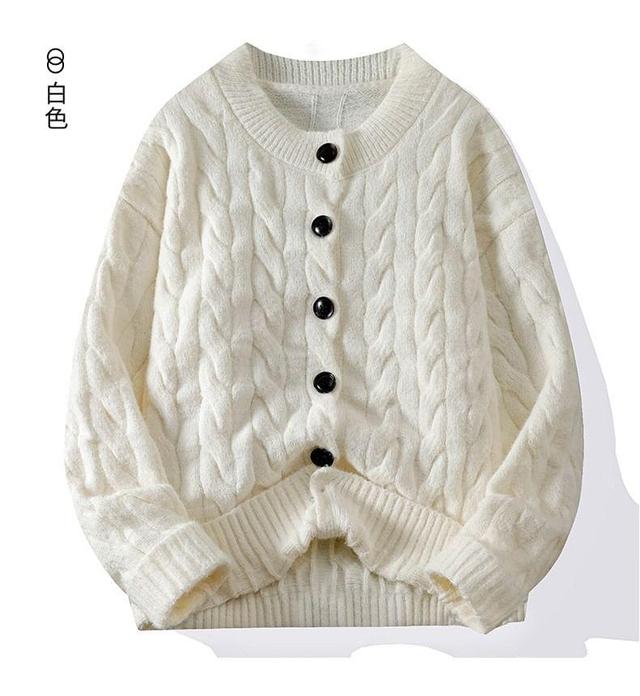 Crew Neck Plain Cable Knit Button-Up Cardigan Product Image