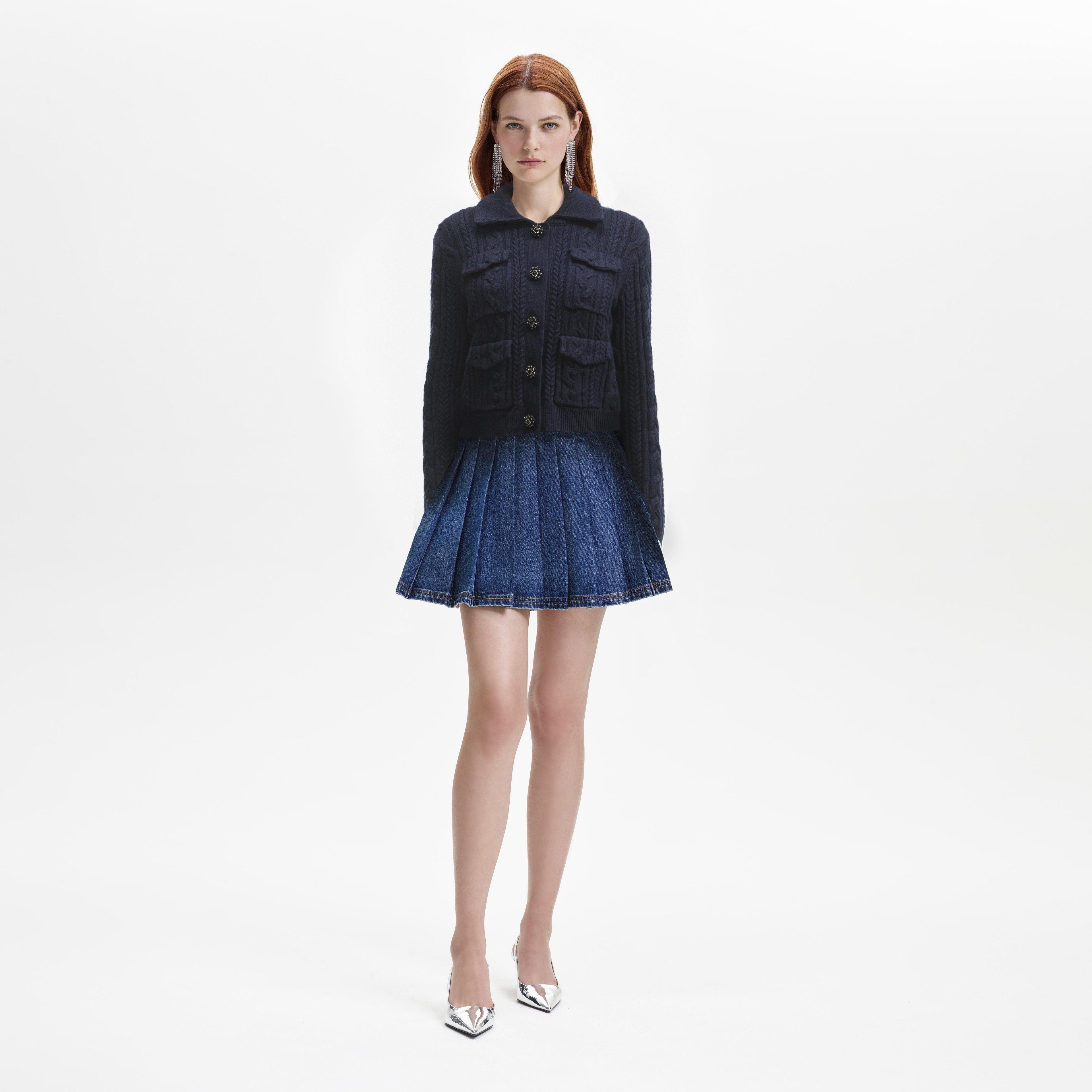 Navy Knit Collar Cardigan Product Image