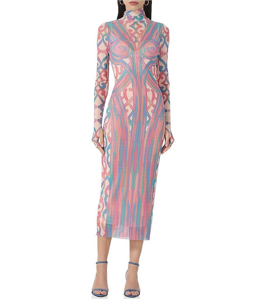 AFRM Shailene Printed Mesh Turtleneck Long Sleeve Midi Dress Product Image