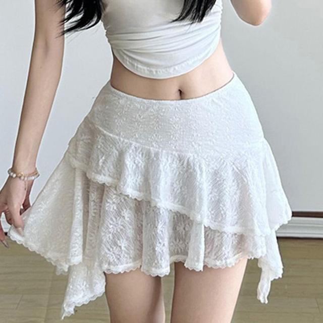 Mid Waist Plain Ruffle Lace Mini A-Line Skirt Product Image