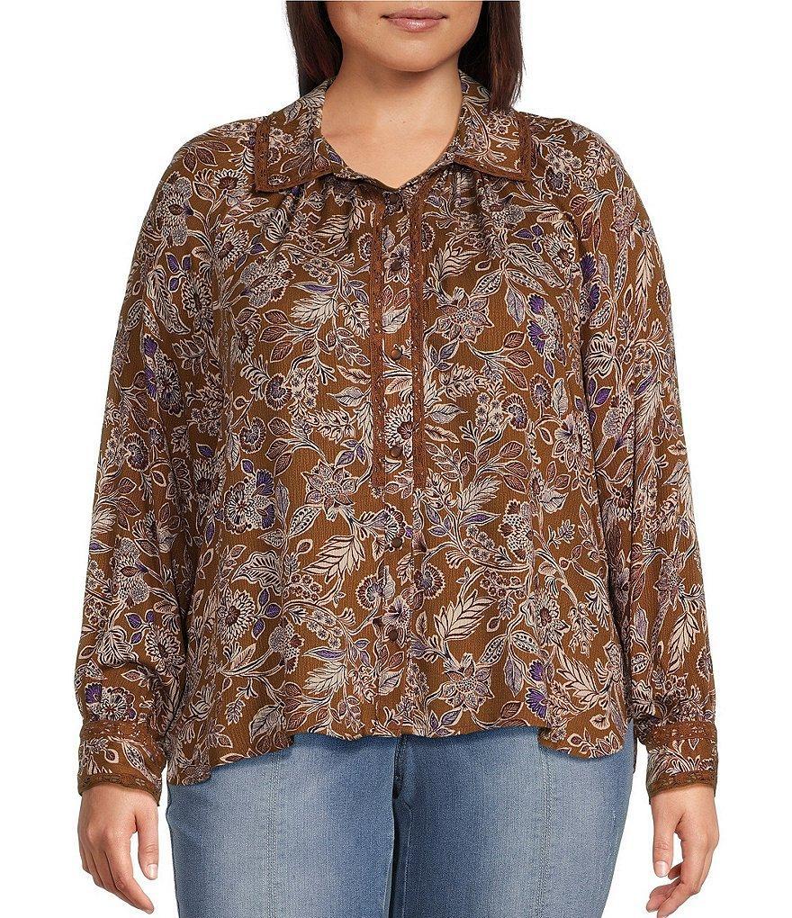 Democracy Plus Size Floral Woven Pont Collar Long Sleeve Crochet Inset Detail Shirt Product Image