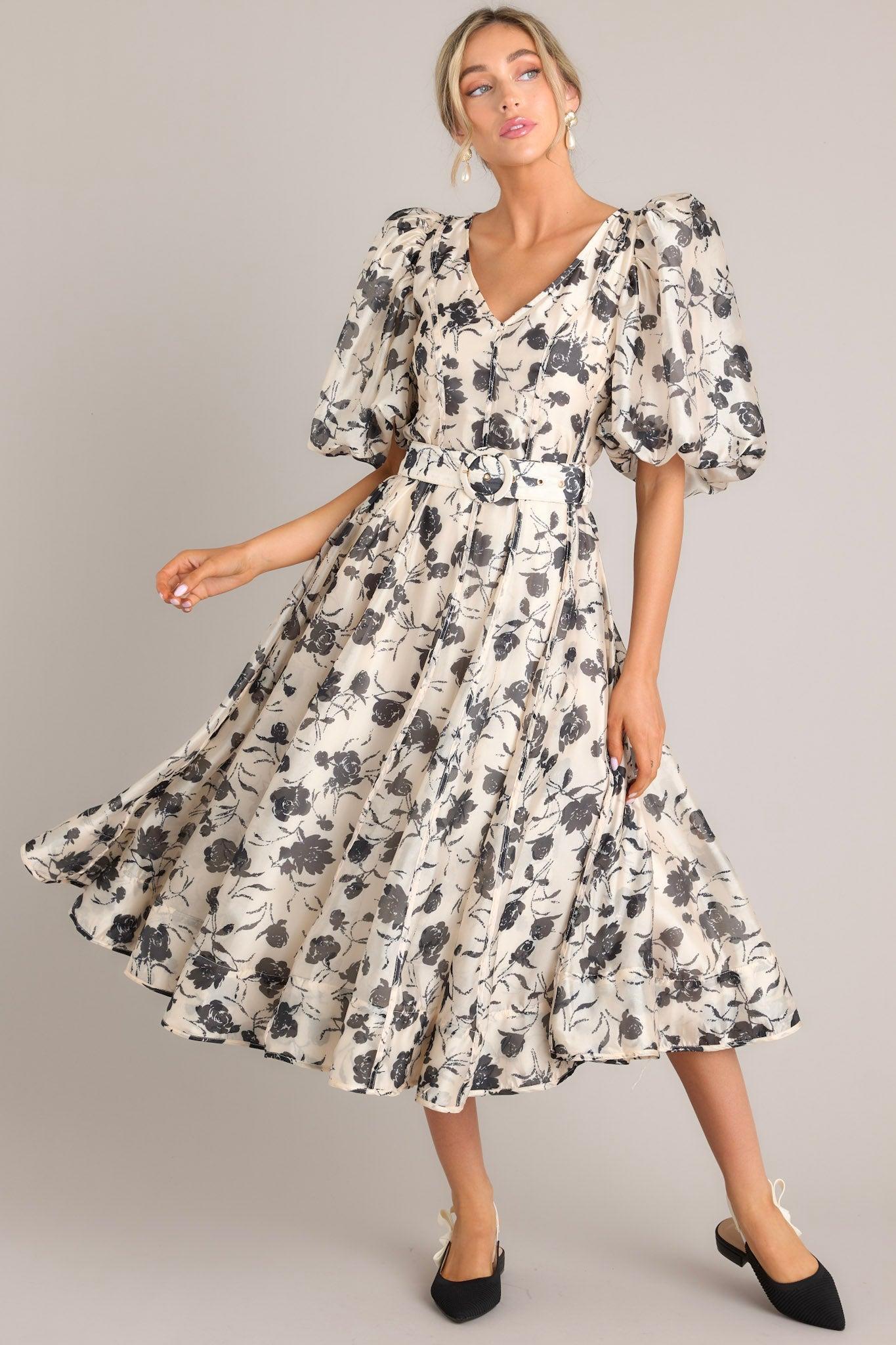 Blossoming Resilience Ivory & Black Floral Belted Midi Dress Product Image