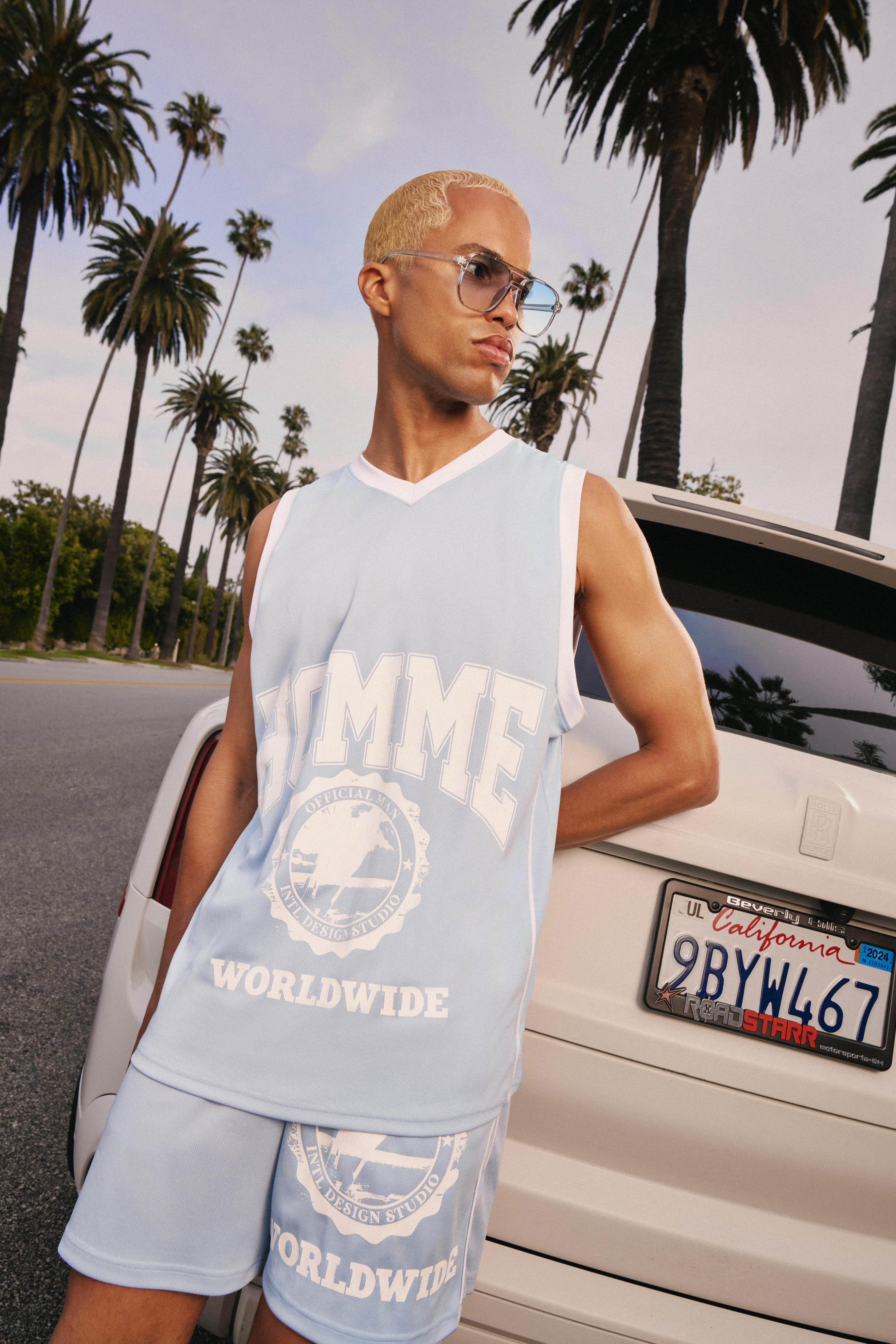 Mesh High Build Print & Side Panel Mesh Varsity Vest | boohooMAN USA Product Image