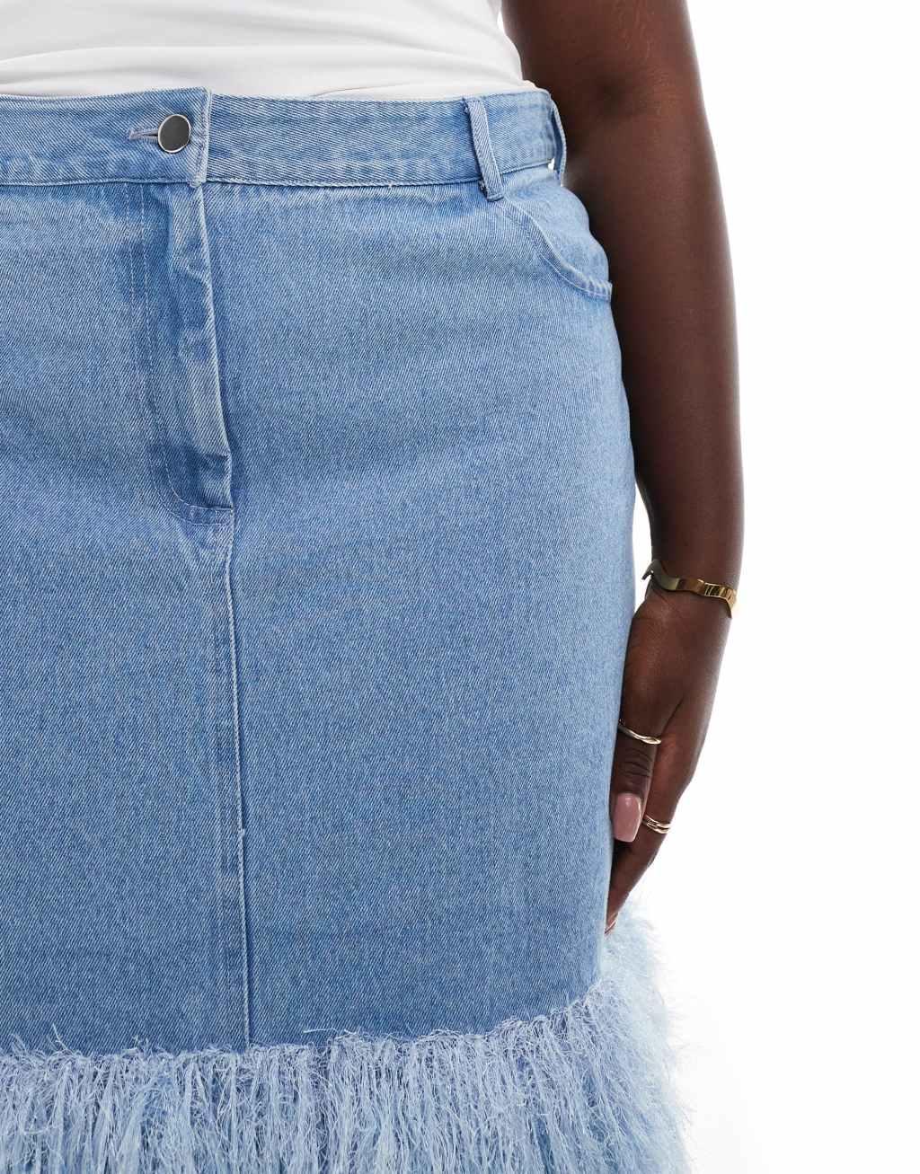 ASOS LUXE Curve denim mini skirt with faux feathers in mid wash blue Product Image