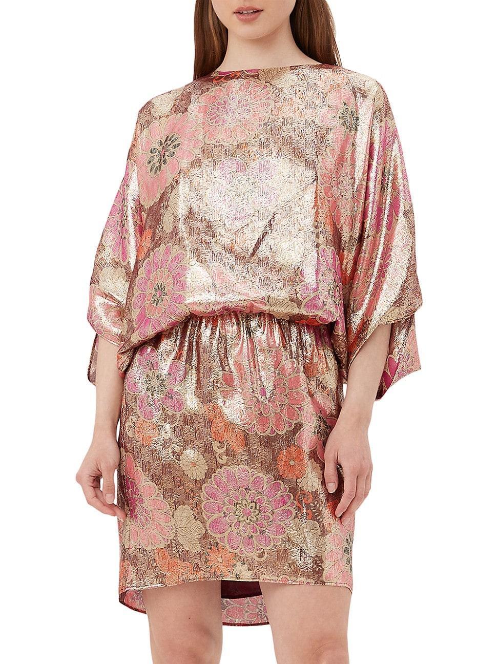 Trina Turk Manhattan Metallic Floral Print Boat Neck 34 Dolman Sleeve Blouson Dress Product Image