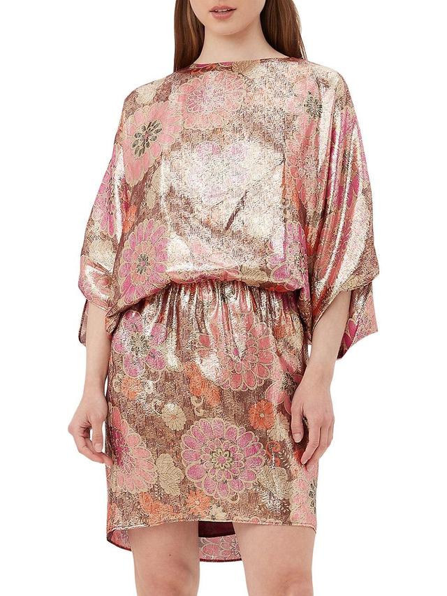 Trina Turk Manhattan Metallic Floral Print Boat Neck 34 Dolman Sleeve Blouson Dress Product Image