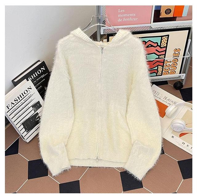 Plain Hooded Fluffy Zip Cardigan Product Image