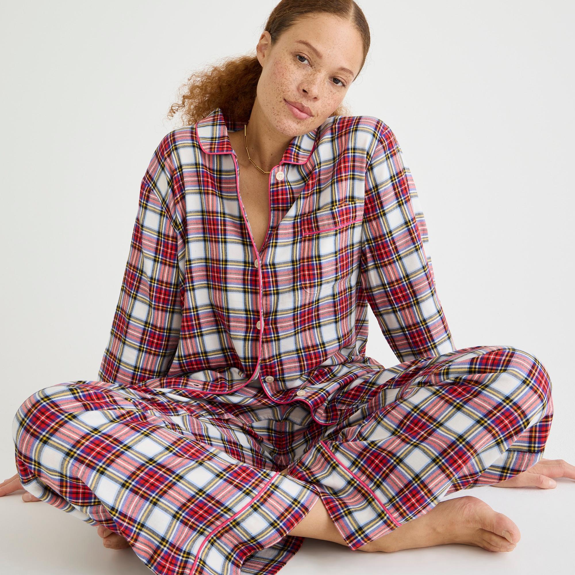 Flannel long-sleeve pajama pant set in white Stewart tartan Product Image