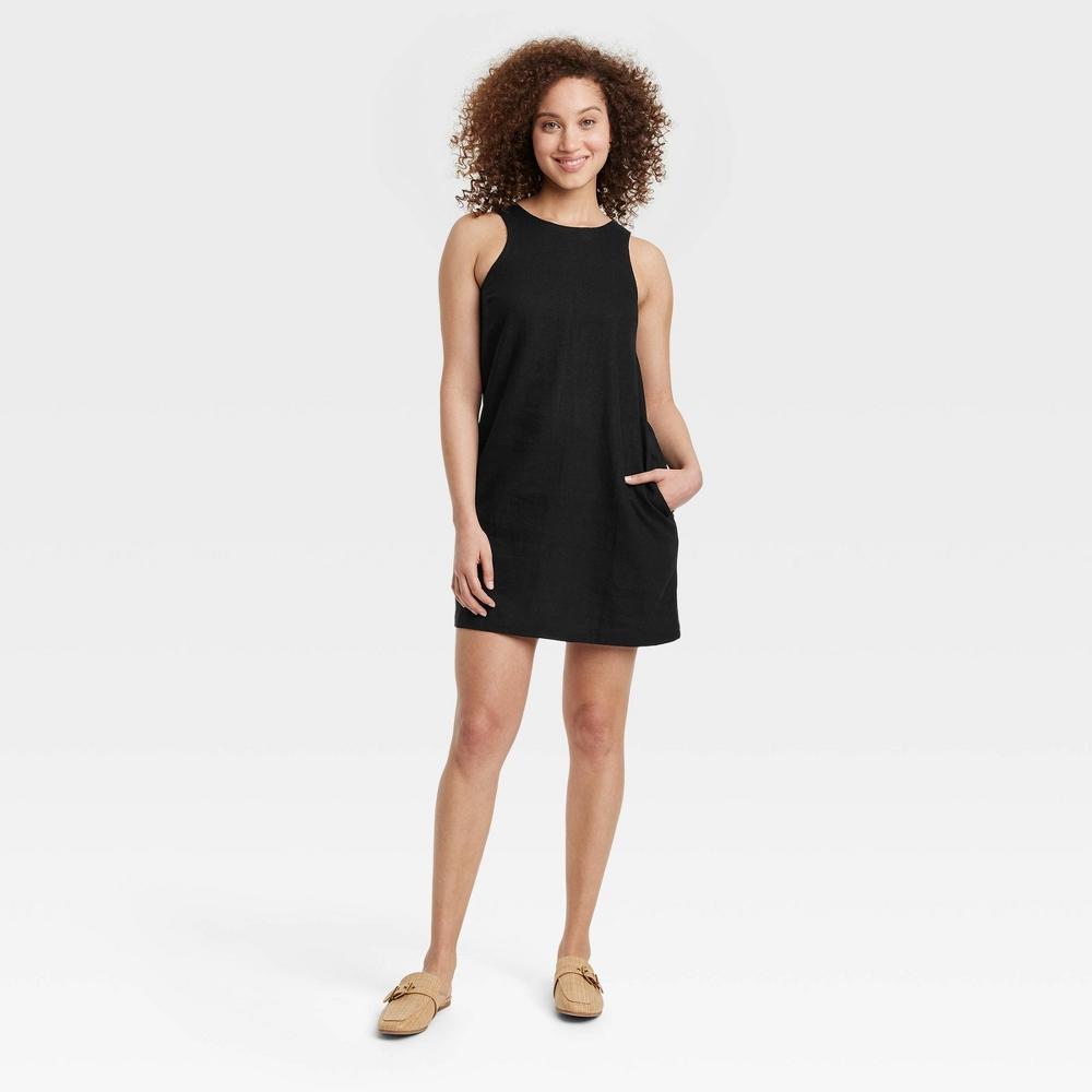 Womens Linen Mini Shift Dress - A New Day Black XL Product Image