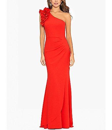 Xscape Ruffle One-Shoulder Scuba Gown Product Image