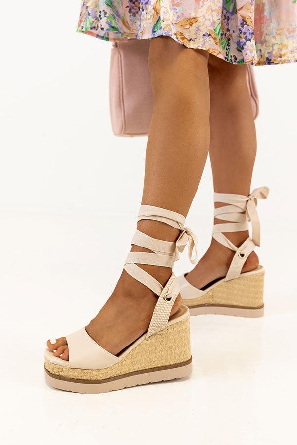 The Sofia Lace Up Wedge In Stone Product Image