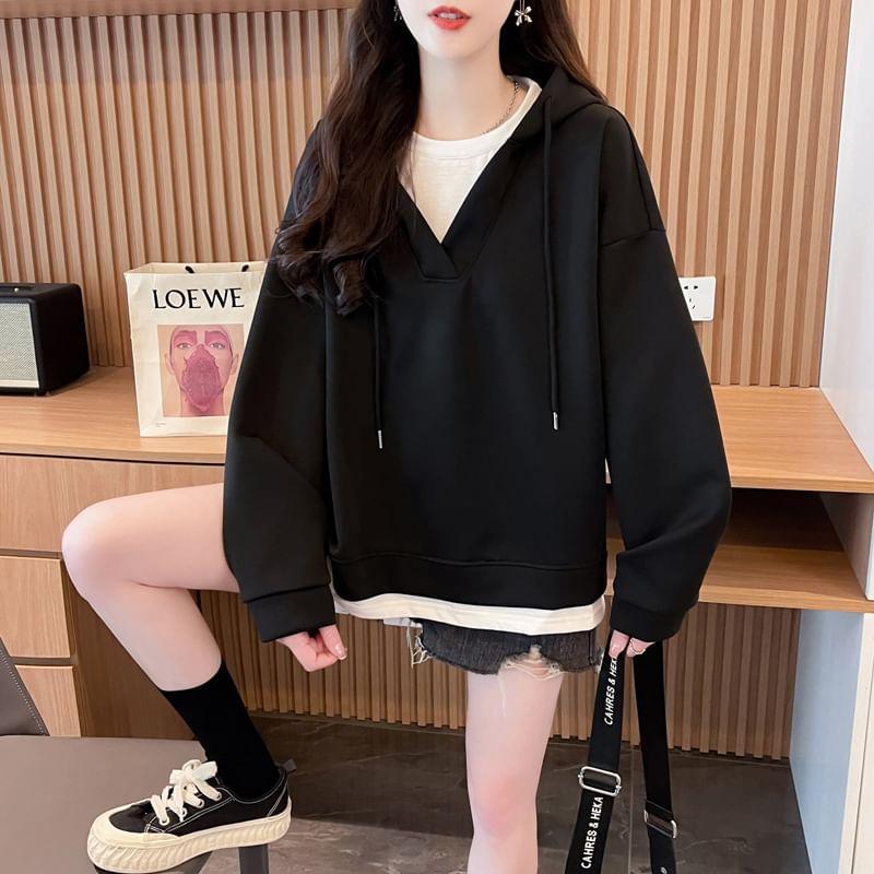 Mock Two-Piece Round Neck Two Tone Drawstring Hoodie Product Image