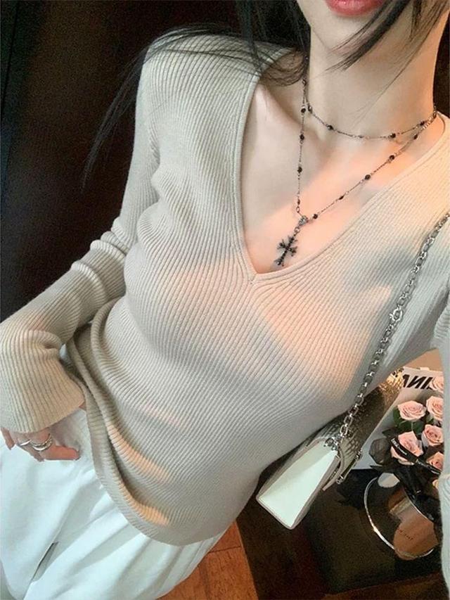 V-Neck Plain Ribbed Sweater Product Image