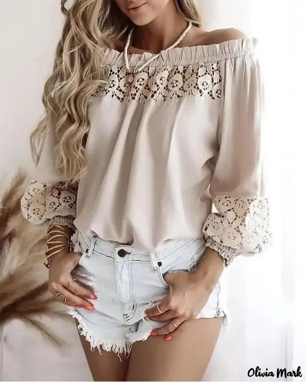 Olivia Mark – Off Shoulder Top With Ruffle Hem And Lantern Sleeve Lace Patch Product Image