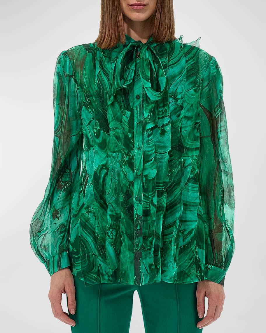 Abstract Ruffle Bib Scarf-Neck Silk Blouse Product Image