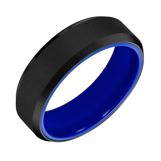 Men's 7.0mm Beveled Edge Engravable Wedding Band in Black Tungsten and Blue Ceramic (1 Line) Product Image