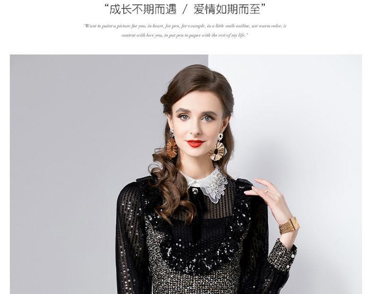 Long Sleeve Collared Sequined Tweed Mini A-Line Dress Product Image