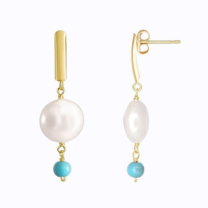 Jewelmak 14k Gold Freshwater Cultured Coin Pearl & Turquoise Dangle Post Earrings, Womens, Blue Product Image