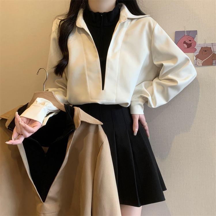 Mock Two-Piece Long-Sleeve Two Tone Overhead Blouse Product Image