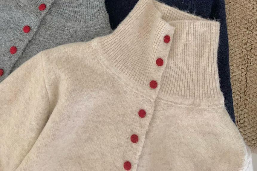 Turtleneck Plain Button-Up Cardigan Product Image