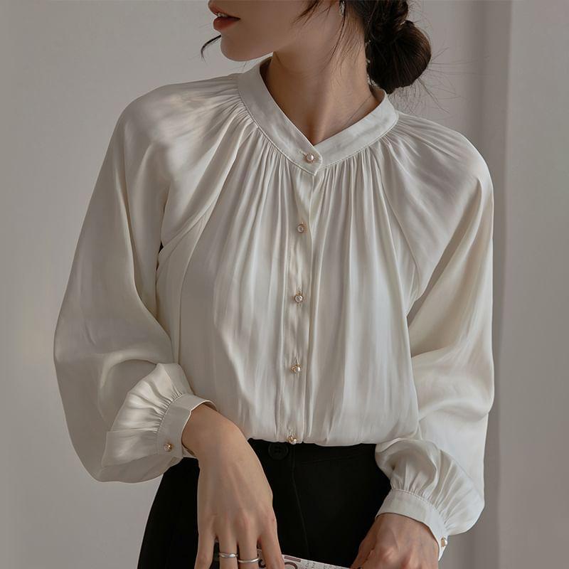 Puff Sleeve Plain Satin Loose-Fit Blouse Product Image