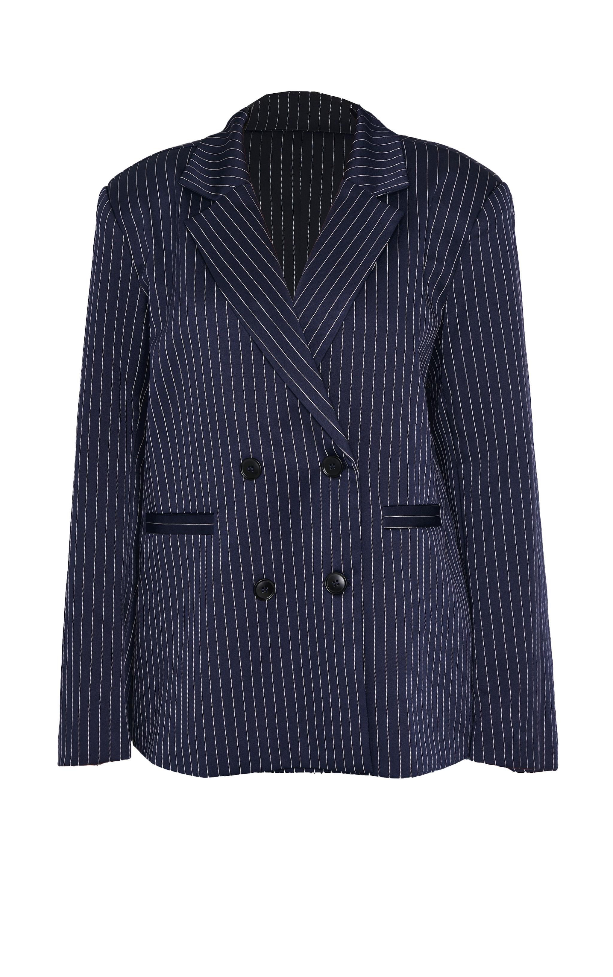 Dark Blue Pinstripe Double Breasted Oversized Blazer Product Image