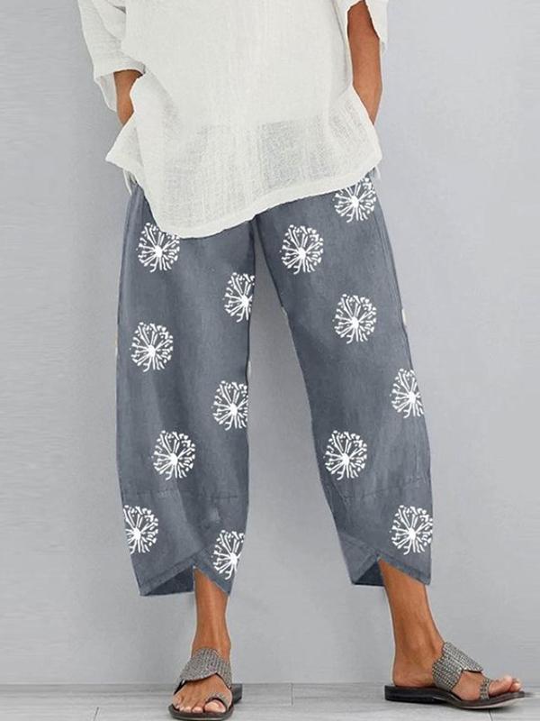 Loose Flower Print Pockets Split-Joint Pants Trousers Product Image