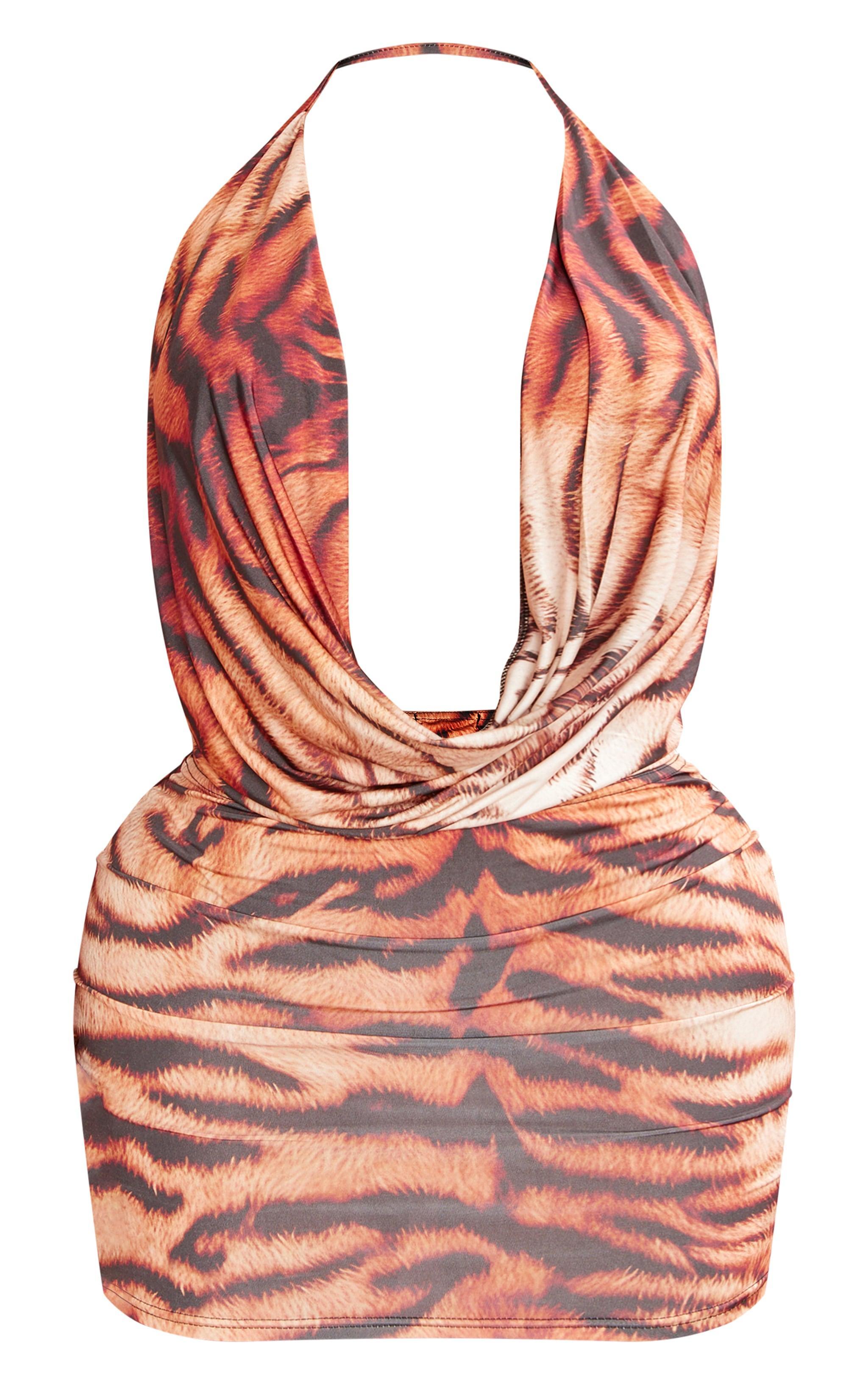 Shape Bright Orange Tiger Print Slinky Cowl Neck Bodycon Dress Product Image