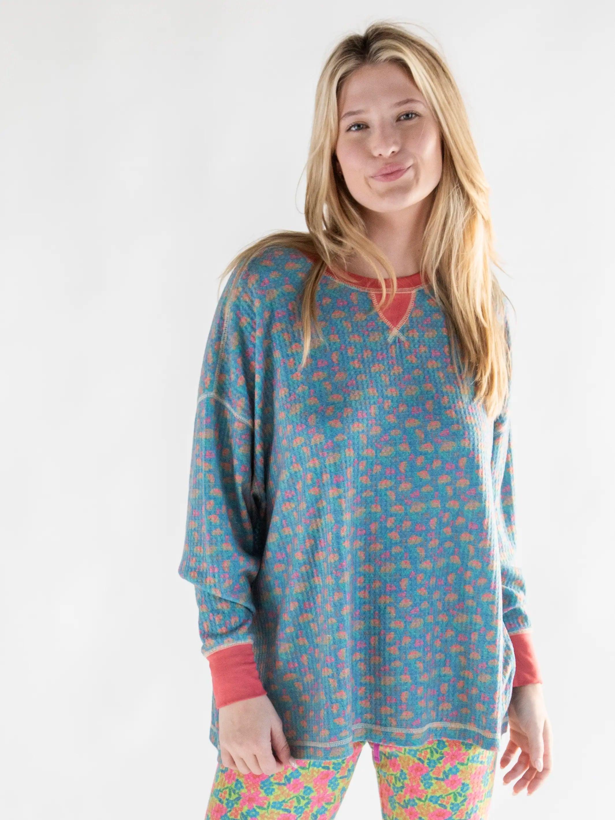 Mix & Match Waffle Pajama Top - Bright Turquoise Floral Product Image