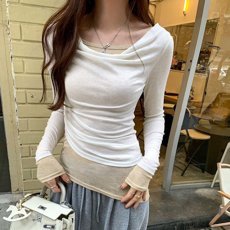 Long Sleeve Cowl Neck Mock Two Piece Color-Block Slim-Fit Top Product Image