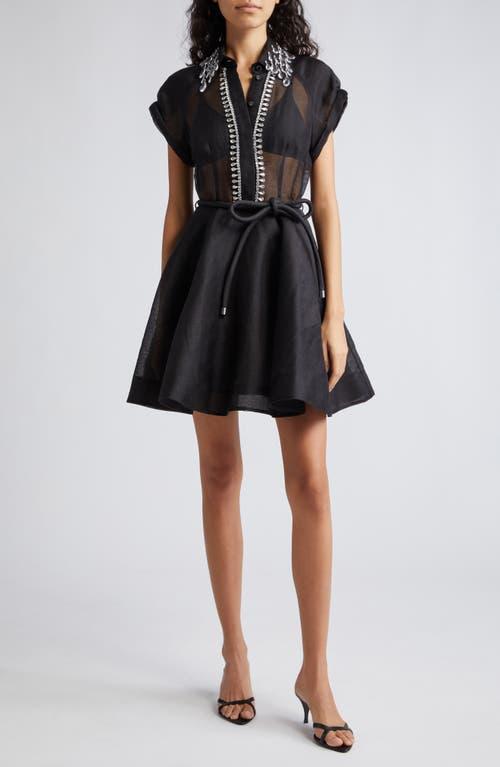 Zimmermann Matchmaker Crystal Embellished Belted Linen & Silk Organza Minidress Product Image