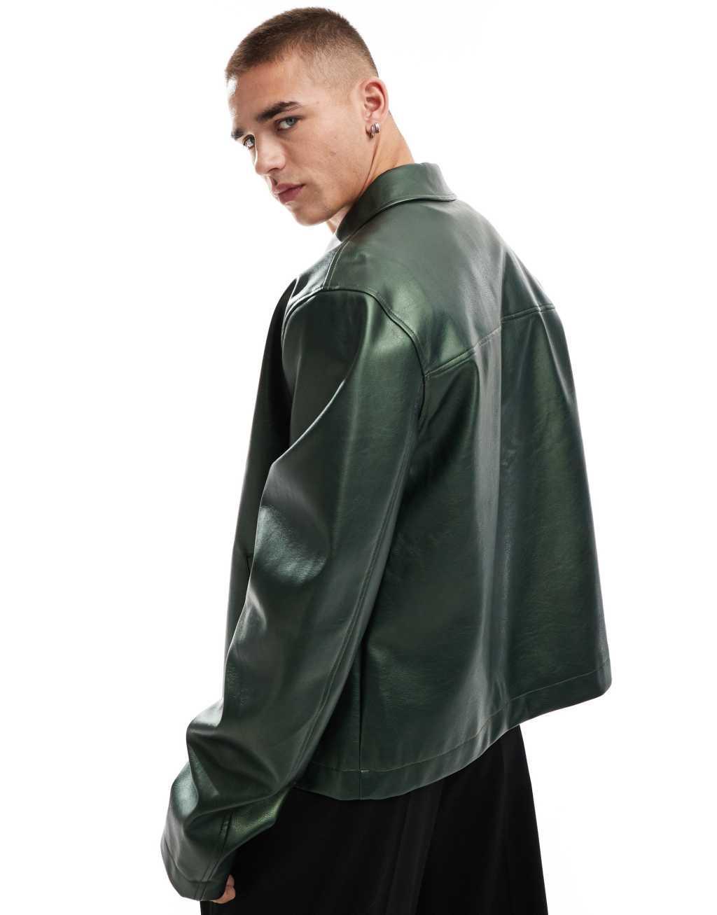 ASOS DESIGN faux leather harrington jacket in metalic green Product Image