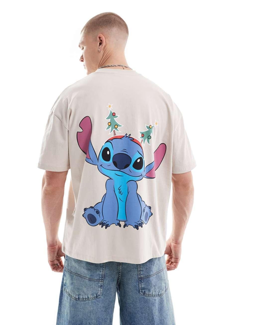 ASOS DESIGN Disney Christmas oversized t-shirt with Stitch prints in neutral Product Image