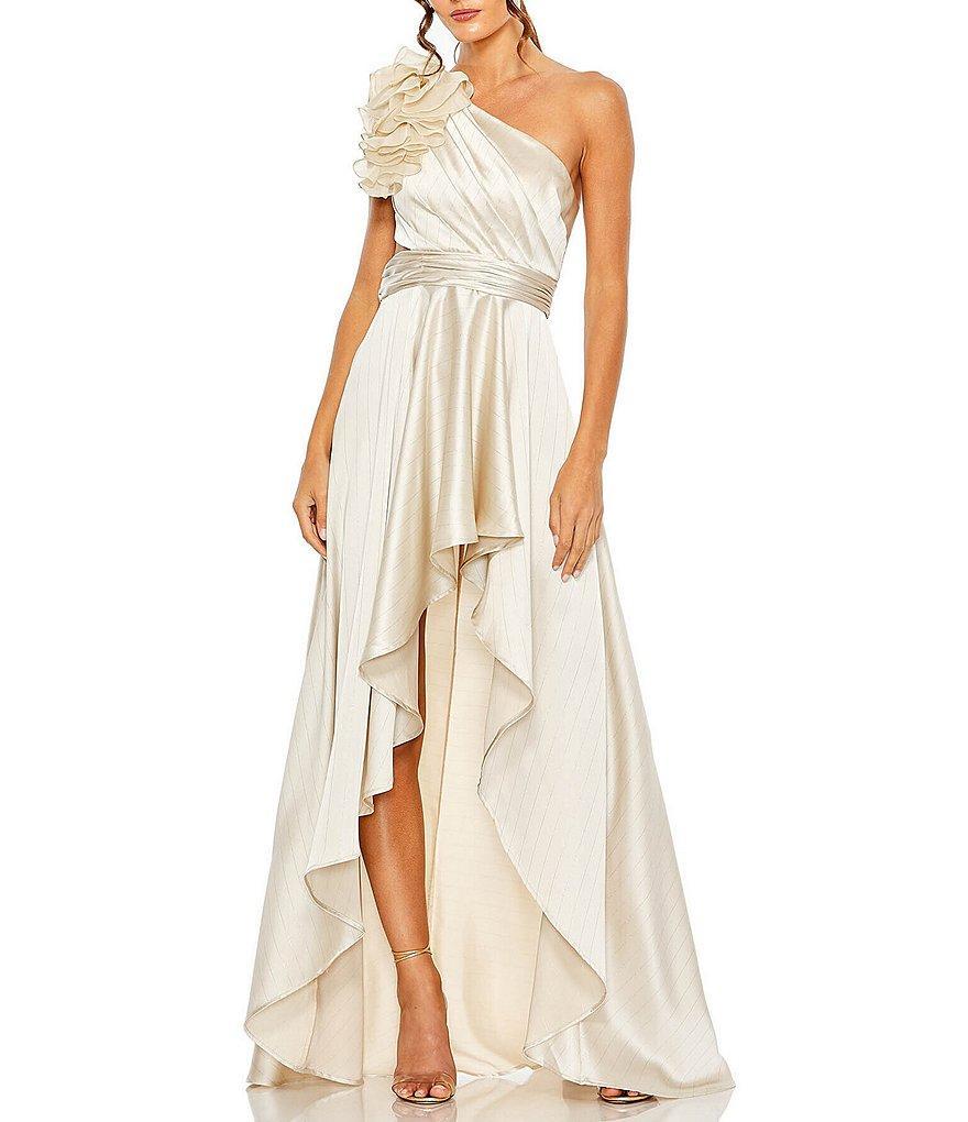 Mac Duggal Satin Ruffle Asymmetrical Neck Sleeveless Side Cut-Out High-Low Gown Product Image