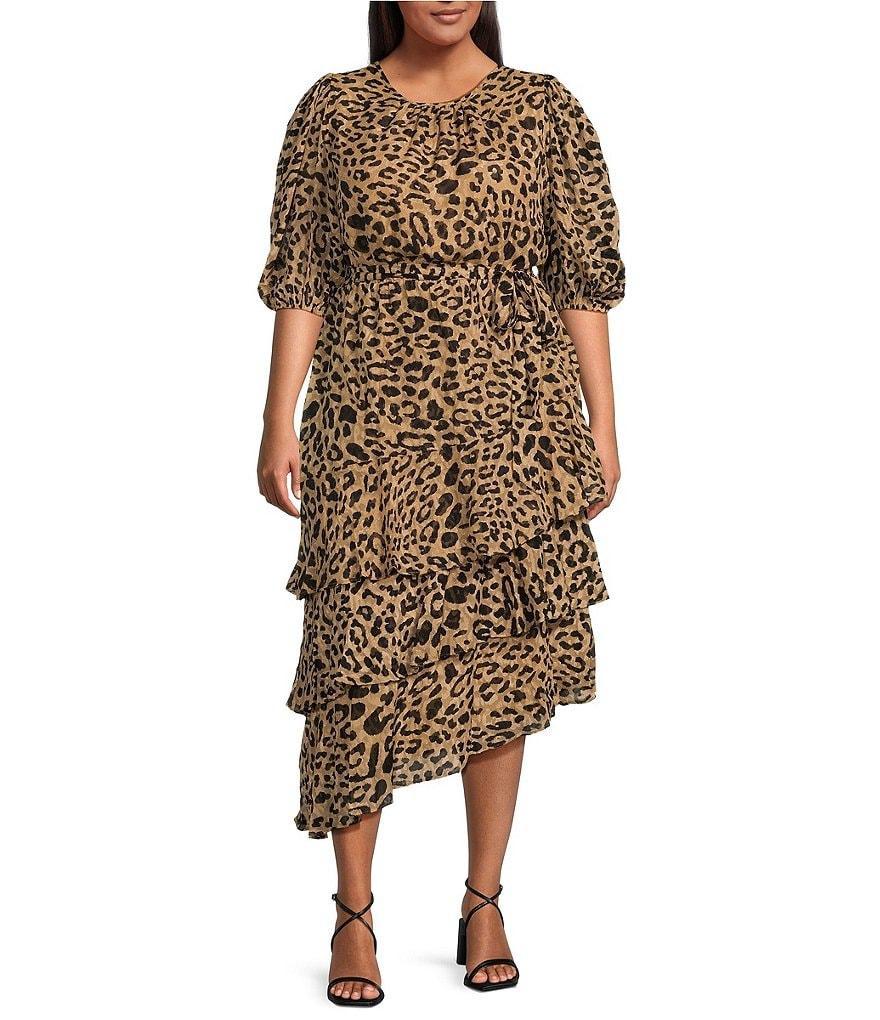 Sugarlips Plus Animal Print 1/2 Balloon Sleeve Asymmetrical Tiered Midi Dress Product Image